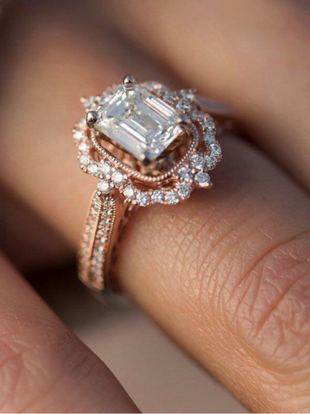 2.50 CT Emerald Cut Moissanite Unique Halo Engagement Ring 14k Rose Gold Plated